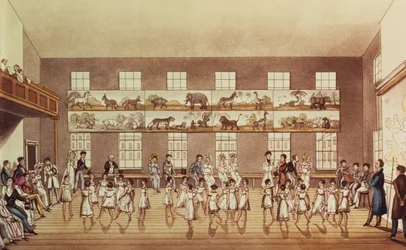 Institución del Sr. Owens, New Lanark (Baile de cuadrilla), grabado por George Hunt, pub. 1825